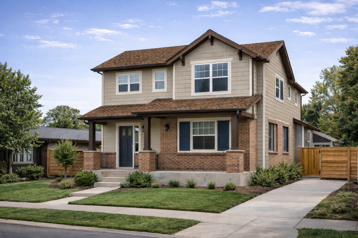 Summit West Contracting tall house siding and brick wall brown shingles roof