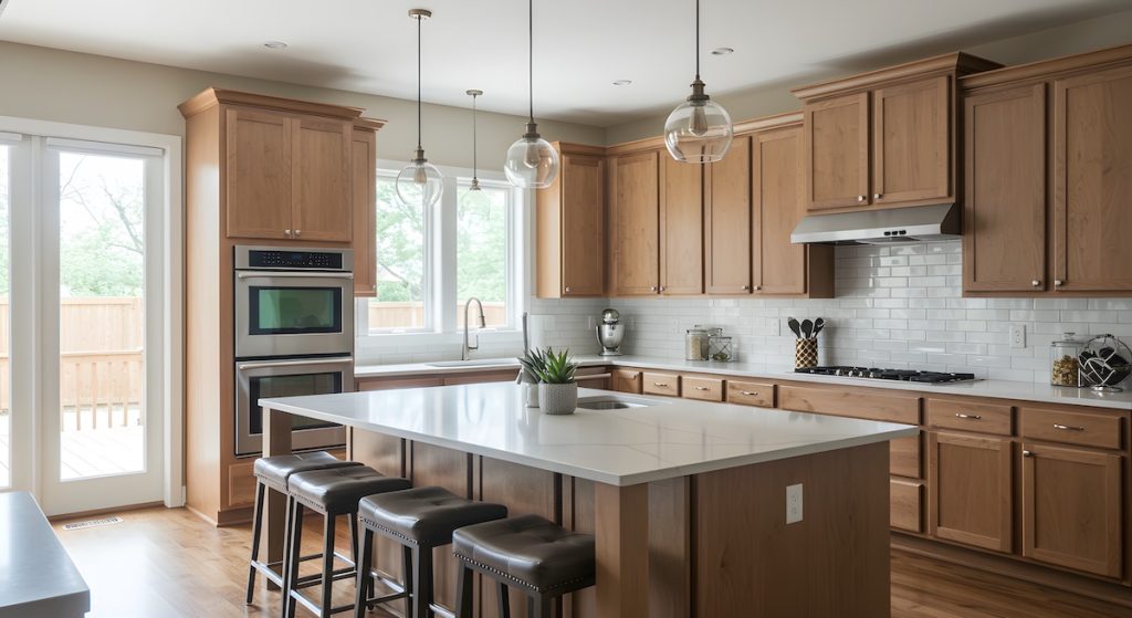 Modern kitchen showcases island with stools, wood cabinets, stainless steel appliances. Interior design concept for real estate, design, home decor.